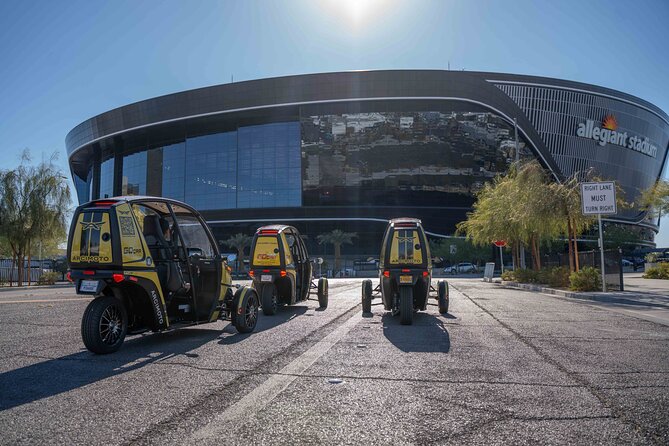 3-Hour Talking GoCar Tour in Las Vegas - Major resort icons: Luxor pyramid, Mandalay Bay, Caesars, Virgin Hotels, and the Sphere
