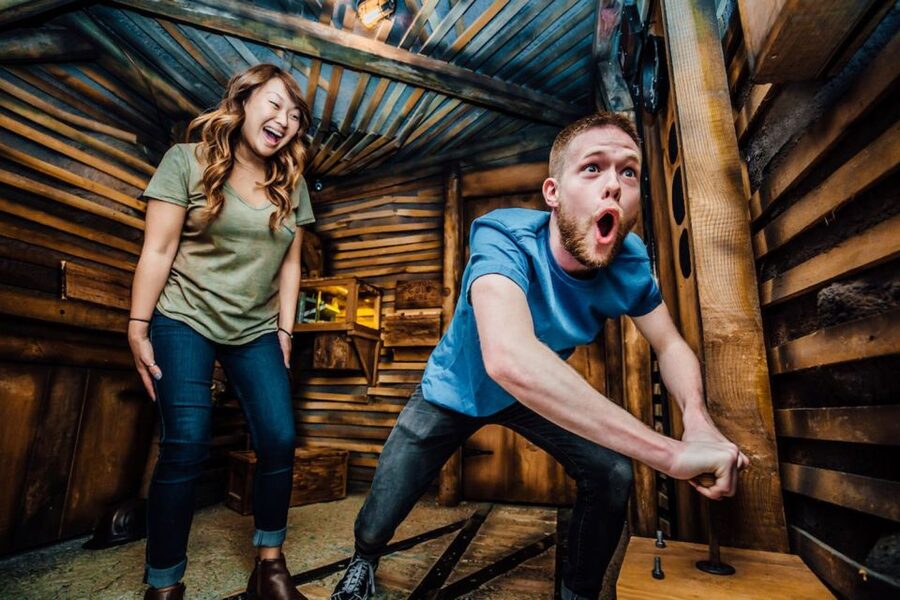 The Escape Game at The Forum Shops in Las Vegas - Inside the rooms: multiple sections, locked doors, and the exit button detail
